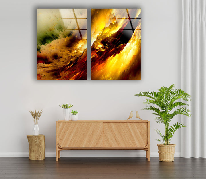 Yellow Fractal Clouds Abstract Glass Wall Art, photo print on glass, prints on glass wall art