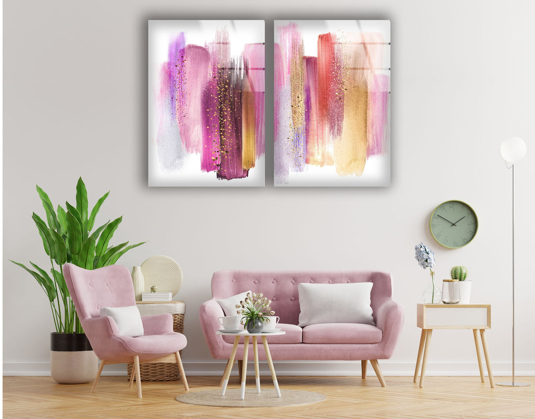 Pink, Gold Brush Strokes Glass Wall Art, Glass Printing Wall Art, Print photos on glass