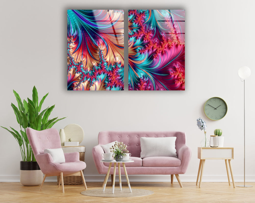 Vivid Pink, Blue Fractal Abstract Glass Wall Art, Glass Printing Wall Art, Print photos on glass