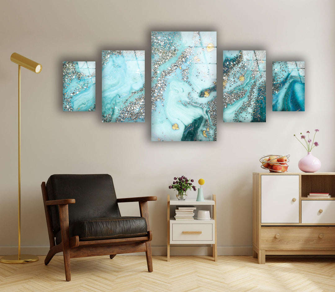 Turquoise & Silver Shimmer Marble Glass Wall Art, glass photo prints, glass picture prints