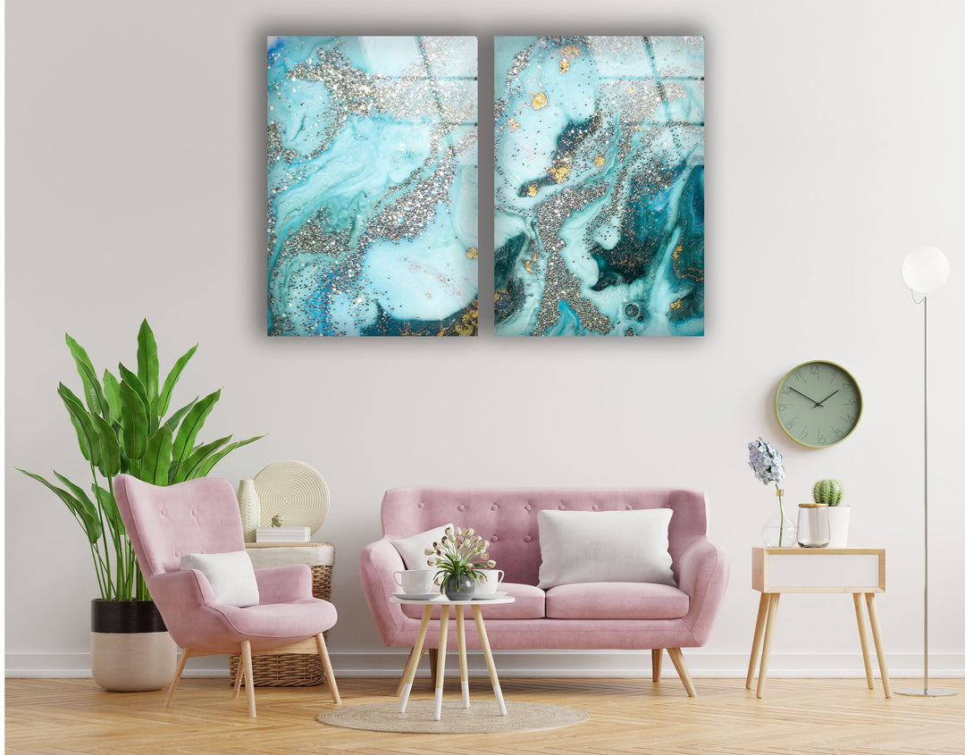 Turquoise & Silver Shimmer Marble Glass Wall Art, art glass wall art, glass wall art pictures