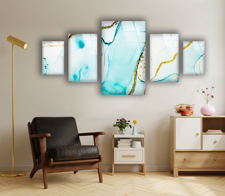 Cyan, Gold Alcohol Ink Marble Glass Wall Art, picture on glass wall art, photos printed on glass