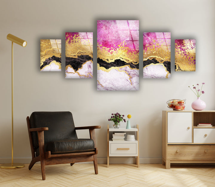 Pink & Gold Marbled Abstract Glass Wall Art, picture on glass wall art, photos printed on glass