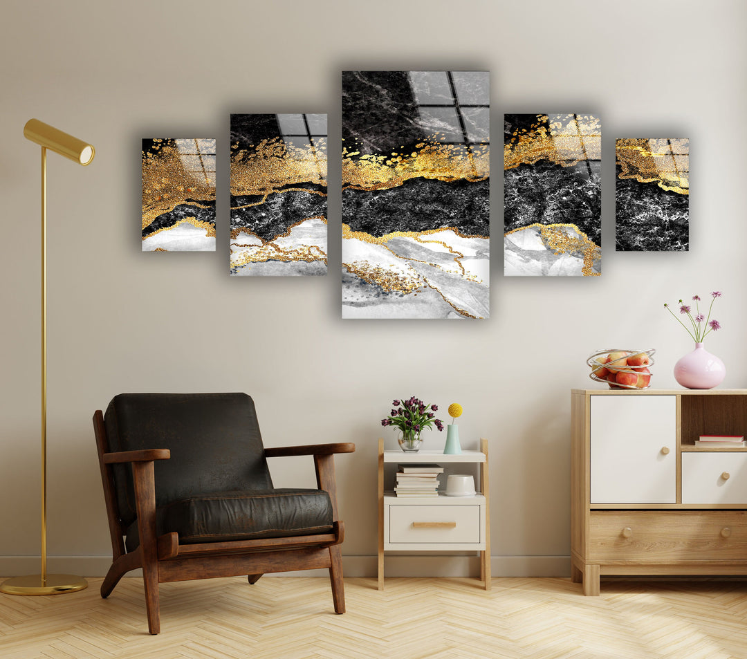 Harmony of Black & Gold Marble Abstract Glass Wall Art, custom glass photo prints, large glass prints