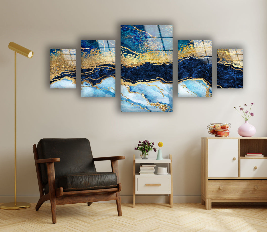 Navy Blue & Gold Marbling Abstract Glass Wall Art, large glass photo prints, glass wall photos