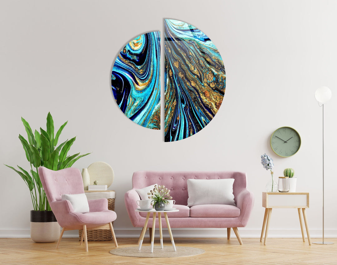 Two Pieces Round Abstract Blue and Gold Glass Wall Art custom glass pictures, glass art prints
