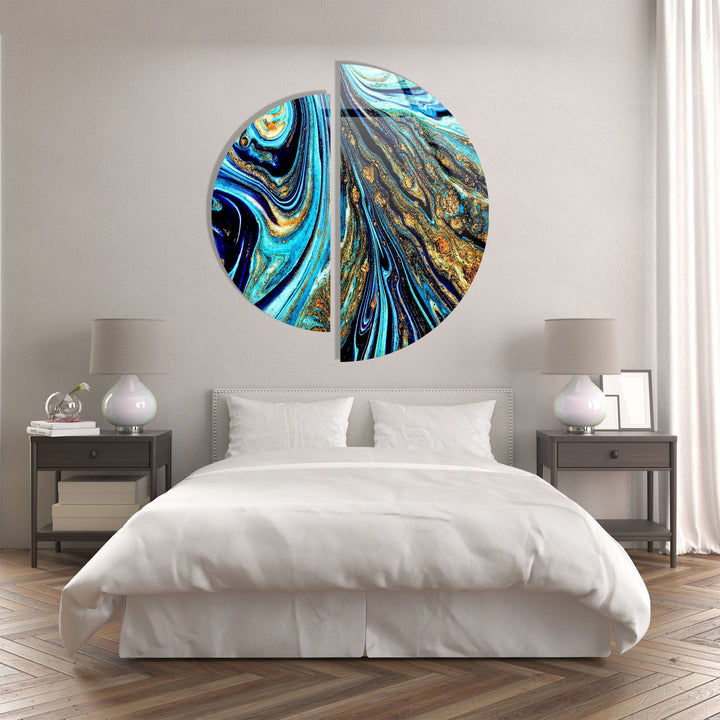 Two Pieces Round Abstract Blue and Gold Glass Wall Art glass pictures for Wall, glass prints wall art
