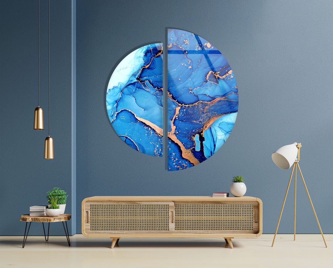 Circular Gold Details Blue Marble Glass Wall Art large glass photo prints, glass wall photos
