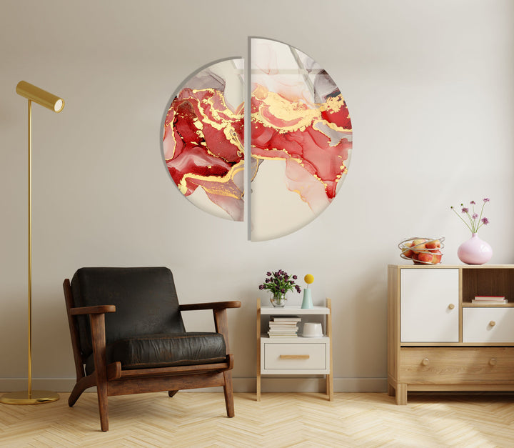 2 Piece Half Circle Red Alcohol ink Glass Wall Art glass image printing, glass prints from photos
