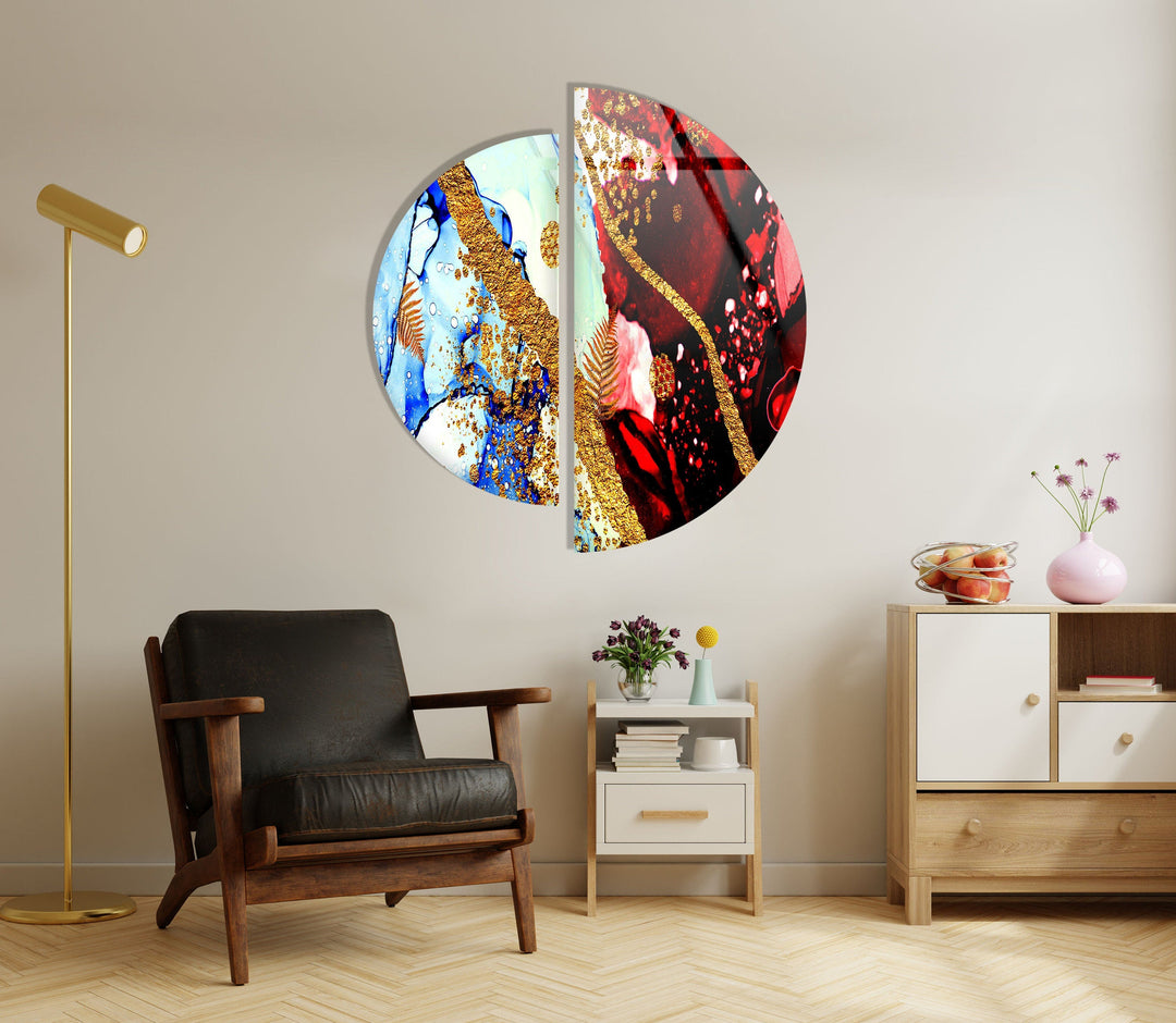 Two Pieces Round Red and Blue Abstract Glass Wall Art print picture on glass, Tempered Glass Wall Art
