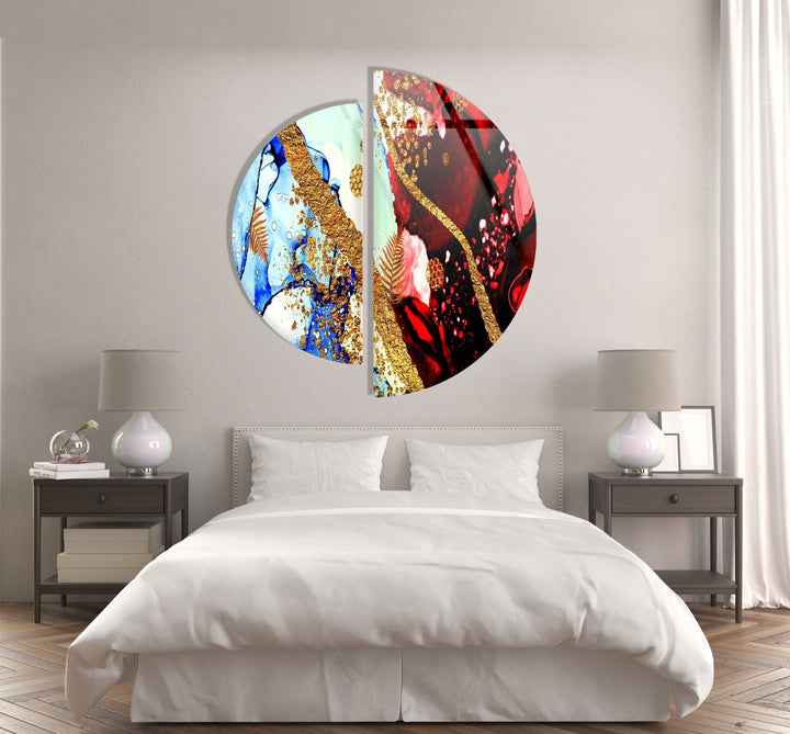 Two Pieces Round Red and Blue Abstract Glass Wall Art large glass photo prints, glass wall photos
