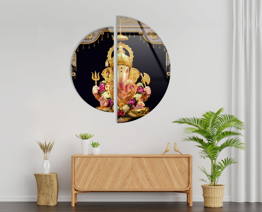 2 Piece Hindu God Ganesha Statue Glass Wall Art glass pictures for Wall, glass prints wall art
