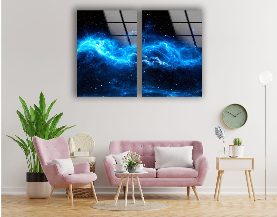 Blue Starry Cloudy Galaxy Glass Wall Art, art glass wall art, glass wall art pictures