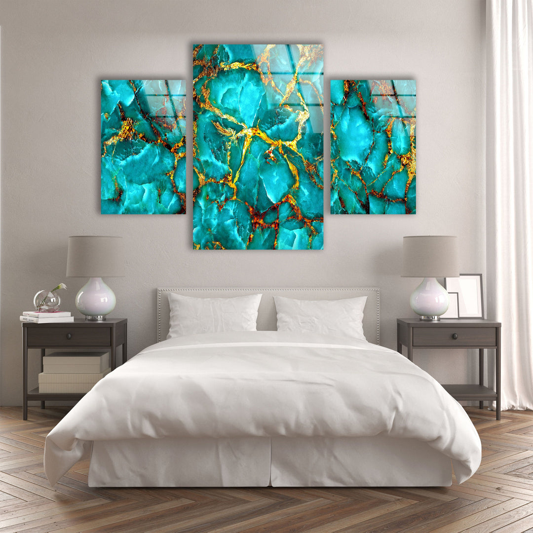 Turquoise With Gold Veins Marbling Glass Wall Art, glass pictures for Wall, glass prints wall art