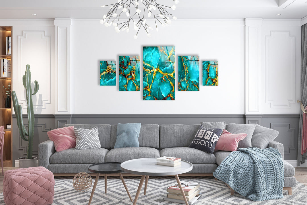 Turquoise With Gold Veins Marbling Glass Wall Art, photo print on glass, prints on glass wall art