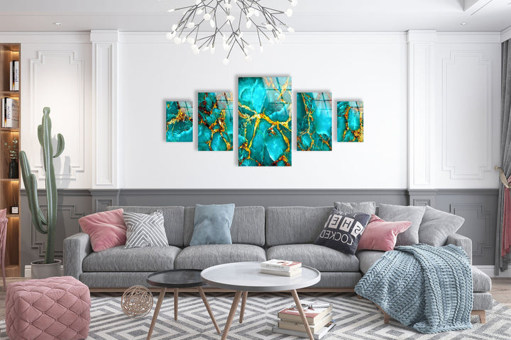 Turquoise With Gold Veins Marbling Glass Wall Art, photo print on glass, prints on glass wall art