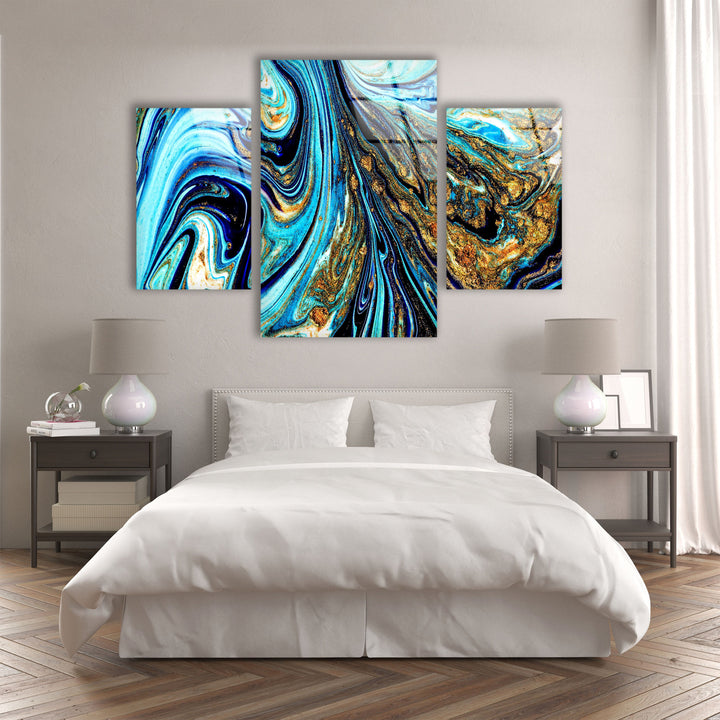 Blue With Gold Shimmer Marbling Abstract Glass Wall Art, large glass photo prints, glass wall photos