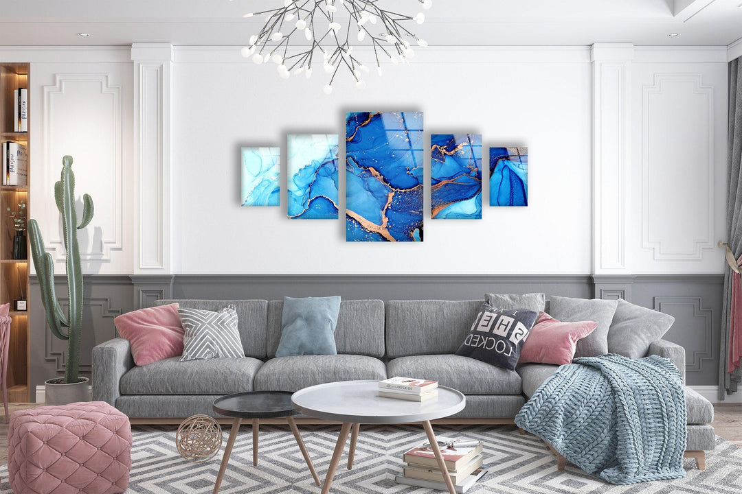 Blue Alcohol ink Marble Abstract Glass Wall Art, glass art painting, glass art for the Wall