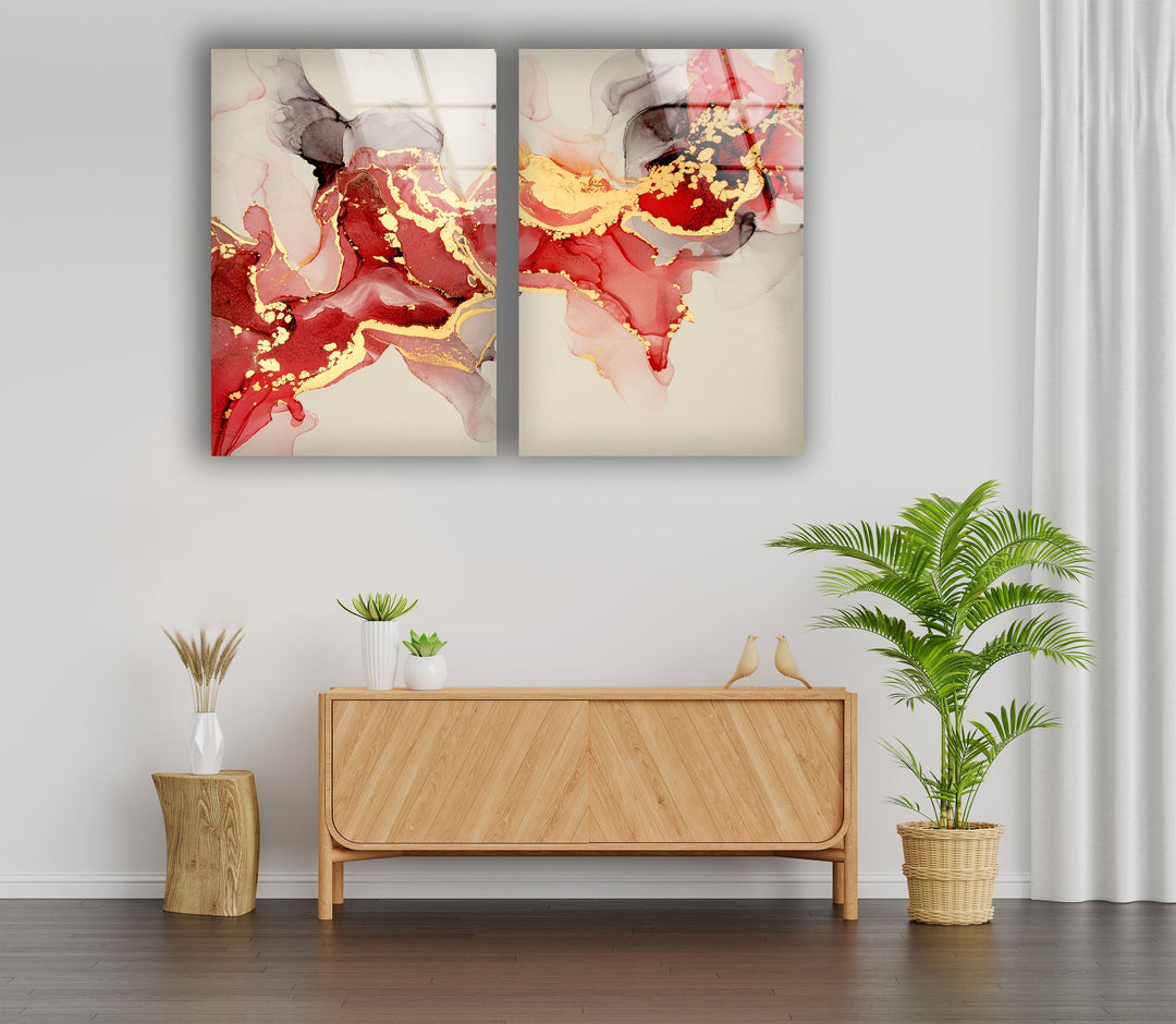 Red, Gold Fluid Art Abstract Glass Wall Art, custom glass photo prints, large glass prints