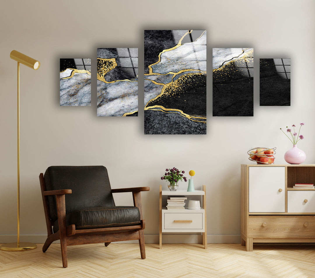 Grey, Gold and Black Marble Abstract Glass Wall Art, picture on glass wall art, photos printed on glass