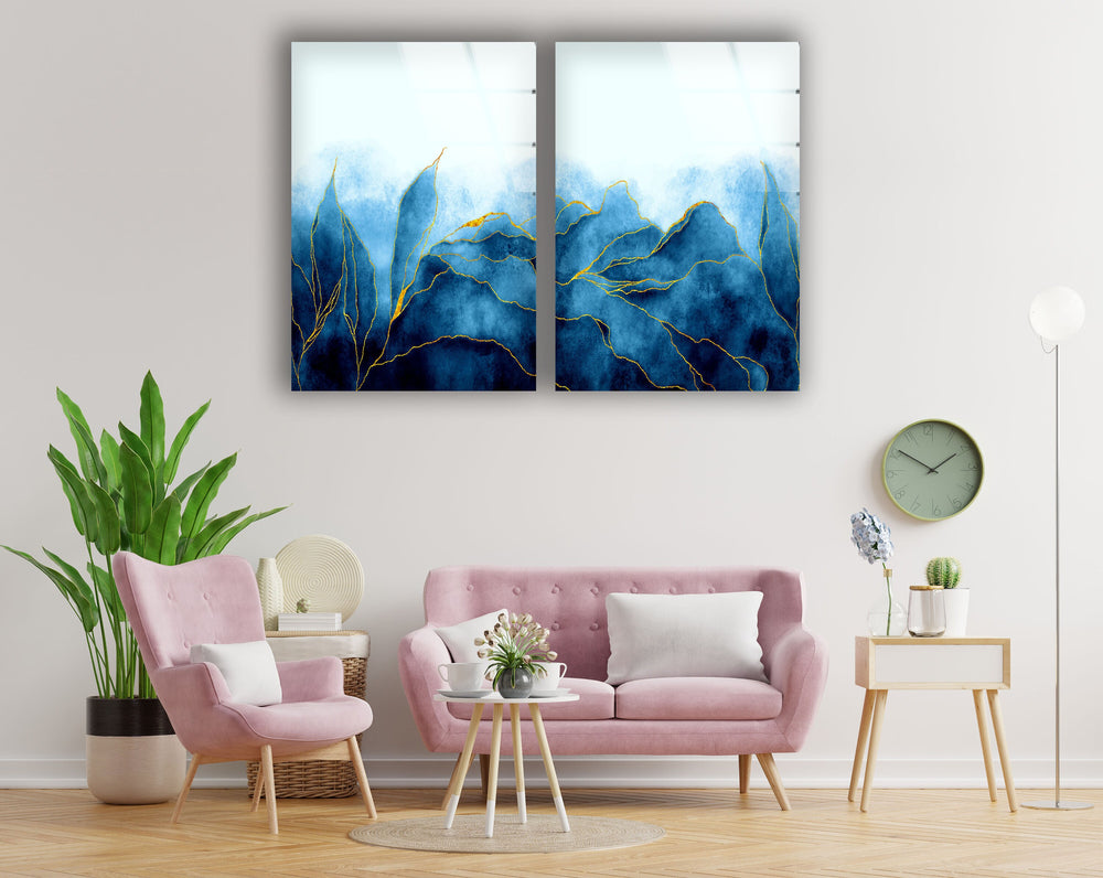 Gold Veined Blue Marble Glass Wall Art, custom glass photo prints, large glass prints