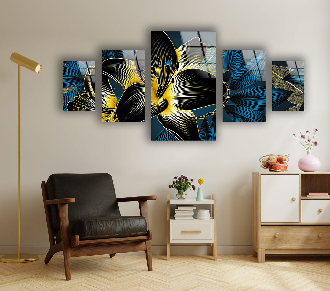 Blue, Gold Flower Abstract Glass Wall Art, glass wall decor, glass wall art decor