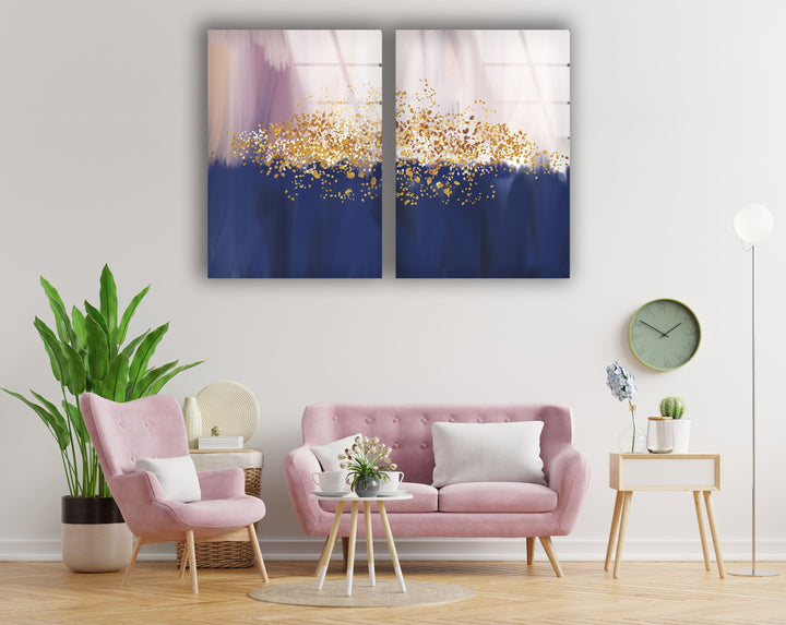 Gold Sparkles Blue Oil Painting Glass Wall Art, print picture on glass, Tempered Glass Wall Art