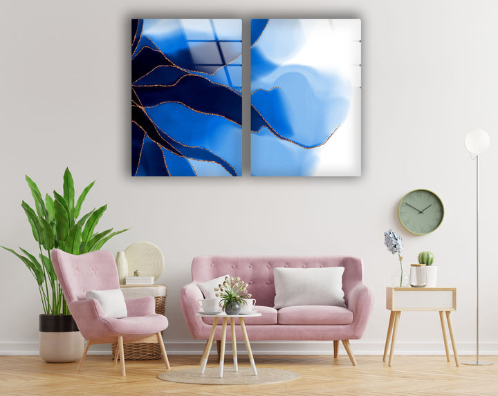 Golden Veins Blue Alcohol ink Abstract Glass Wall Art, print picture on glass, Tempered Glass Wall Art