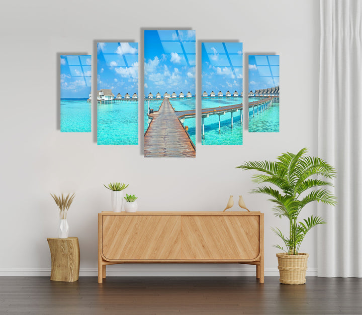 Bungalows Maldives Island Landscape Glass Wall Art, glass pictures for Wall, glass prints wall art