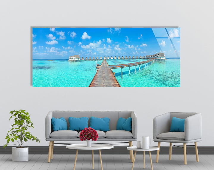 Bungalows Maldives Island Landscape Glass Wall Art, photo print on glass, prints on glass wall art