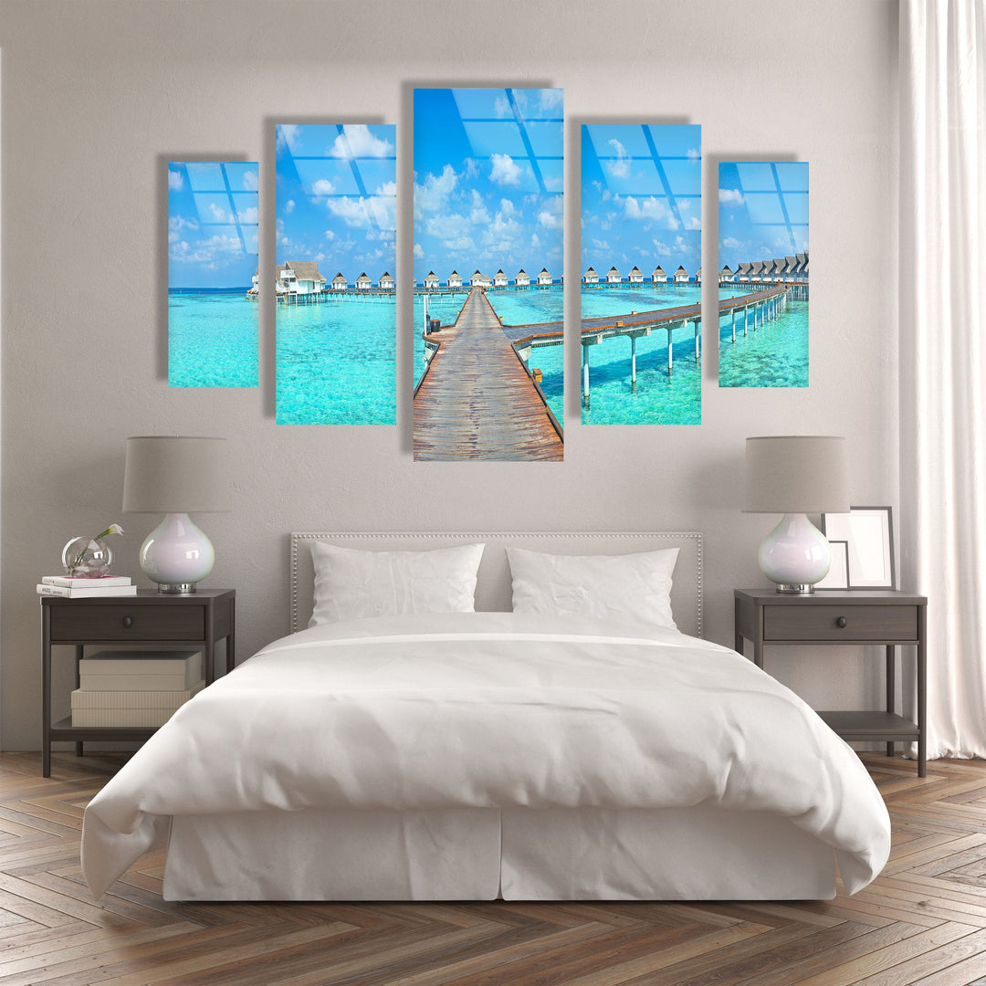 Bungalows Maldives Island Landscape Glass Wall Art, custom glass pictures, glass art prints