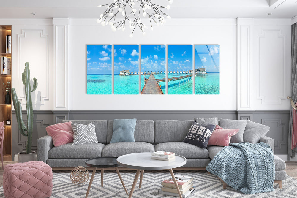 Bungalows Maldives Island Landscape Glass Wall Art, glass image printing, glass prints from photos