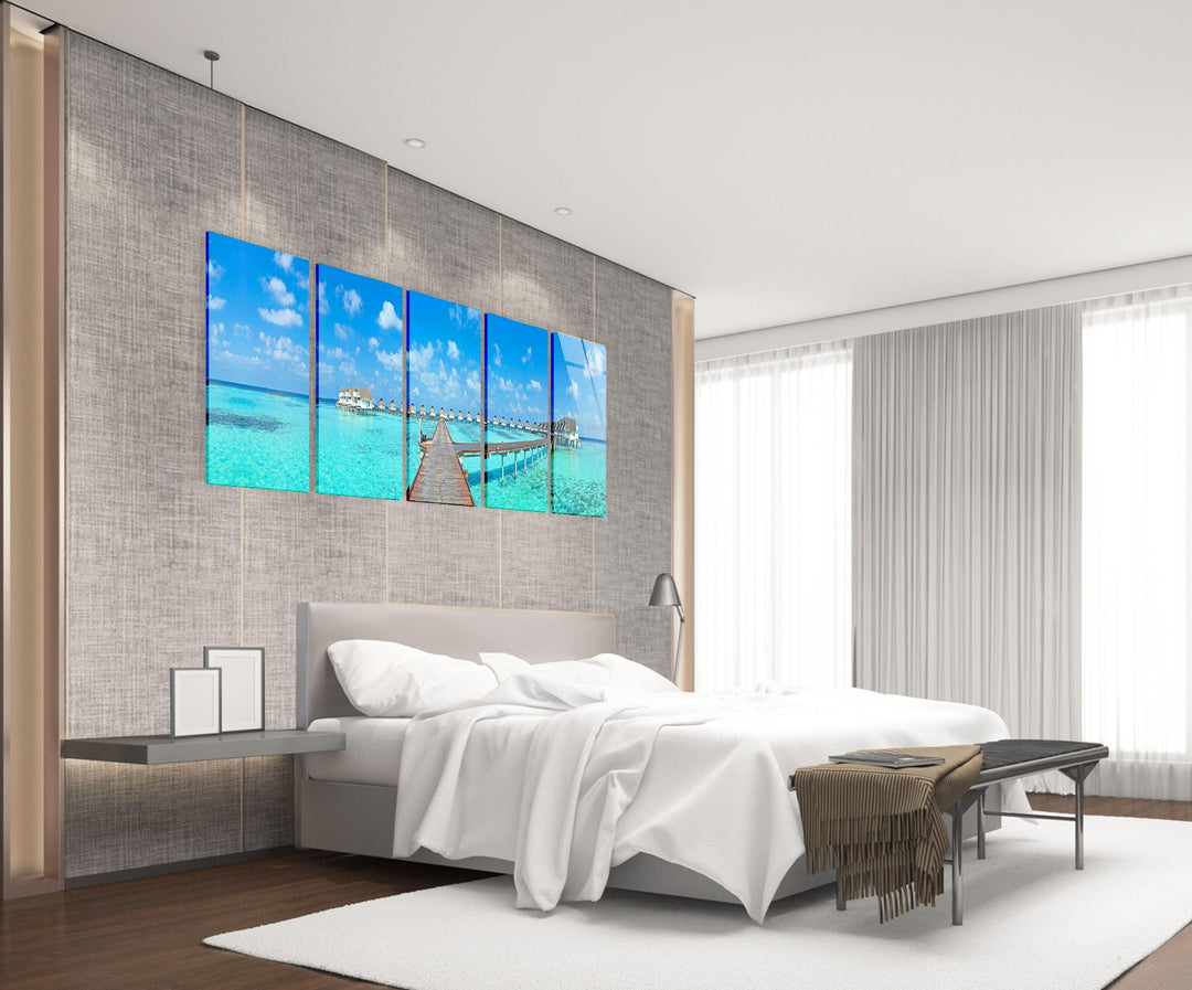 Bungalows Maldives Island Landscape Glass Wall Art, print on glass, glass printed photos