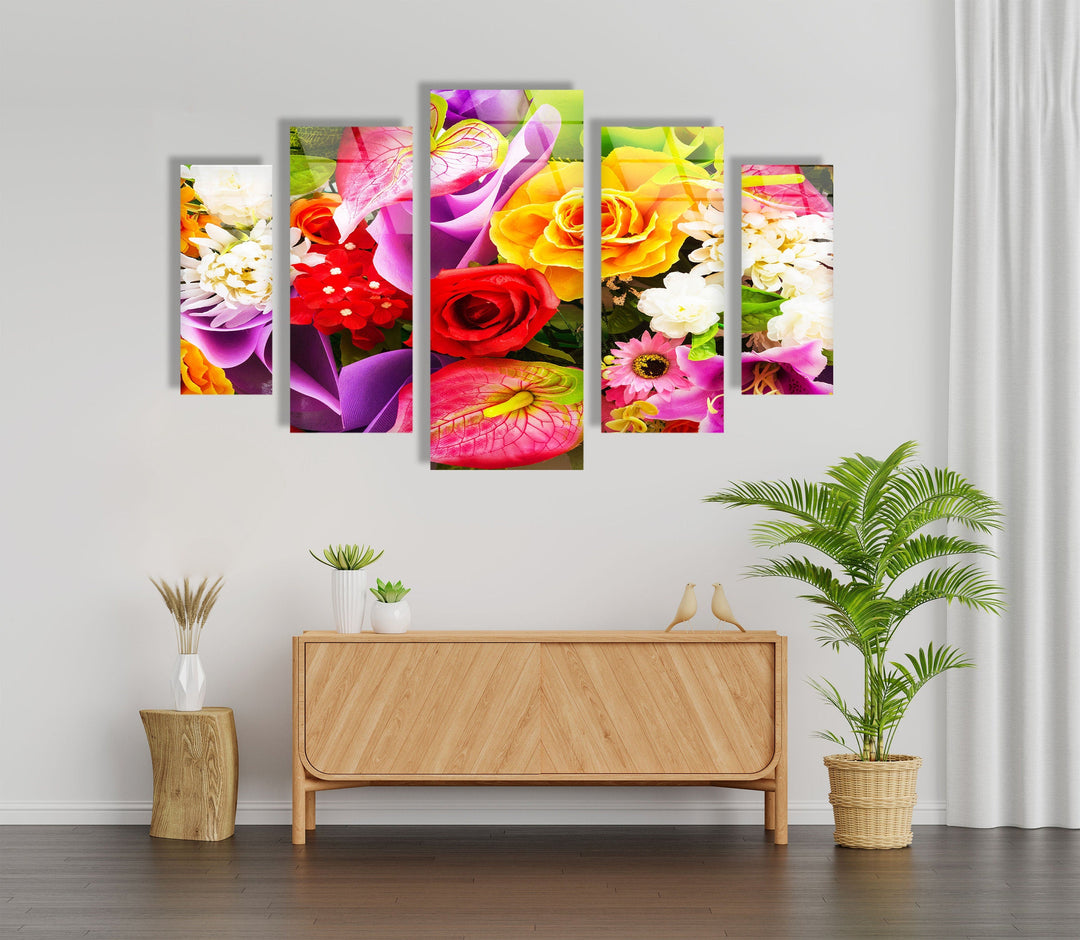 Colorful Roses & Daisies Flower Bunch Glass Wall Art, print on glass, glass printed photos