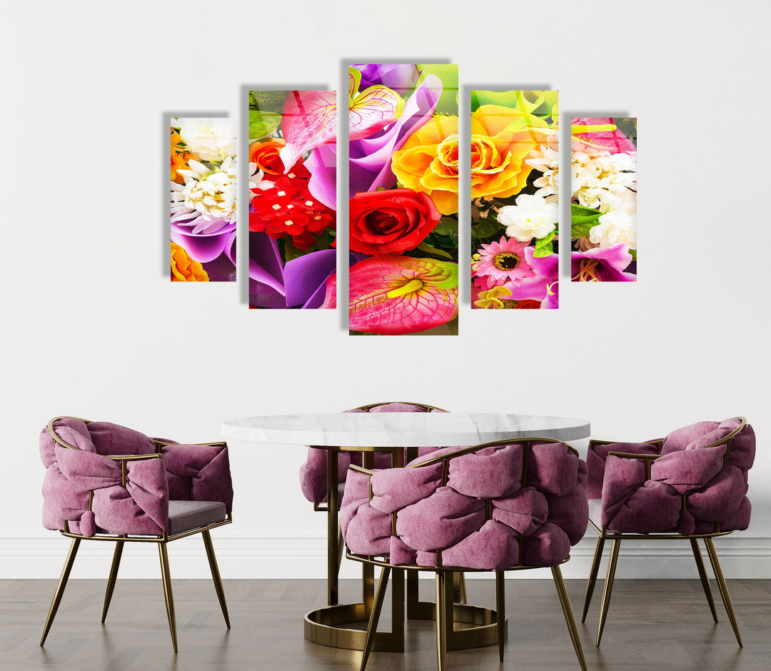 Colorful Roses & Daisies Flower Bunch Glass Wall Art, Glass Printing Wall Art, Print photos on glass