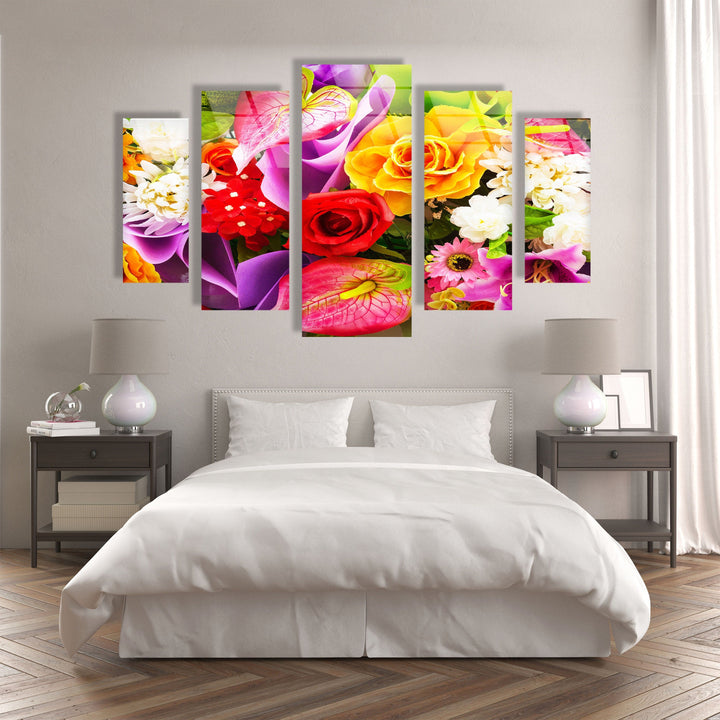 Colorful Roses & Daisies Flower Bunch Glass Wall Art, glass wall decor, glass wall art decor