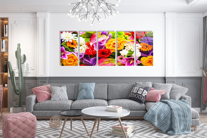 Colorful Roses & Daisies Flower Bunch Glass Wall Art, picture on glass wall art, photos printed on glass