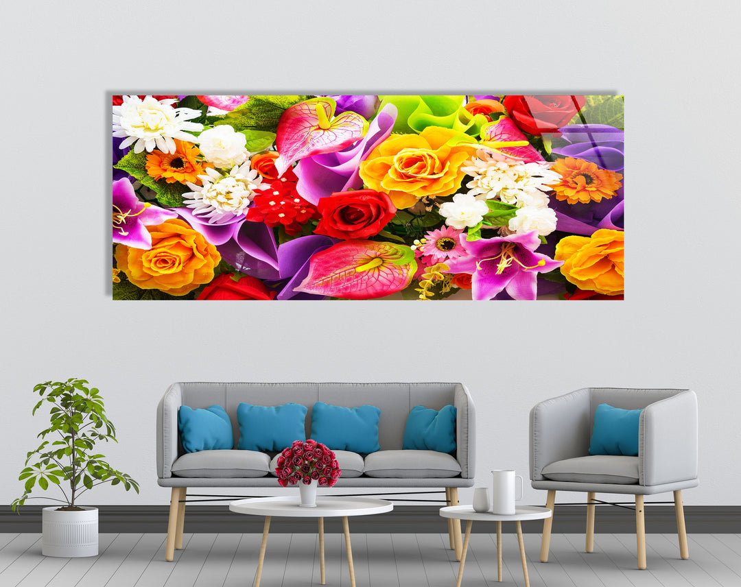 Colorful Roses & Daisies Flower Bunch Glass Wall Art, glass photo prints, glass picture prints