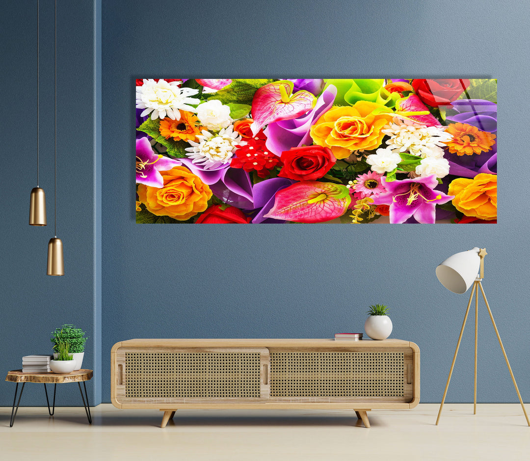 Colorful Roses & Daisies Flower Bunch Glass Wall Art, print picture on glass, Tempered Glass Wall Art