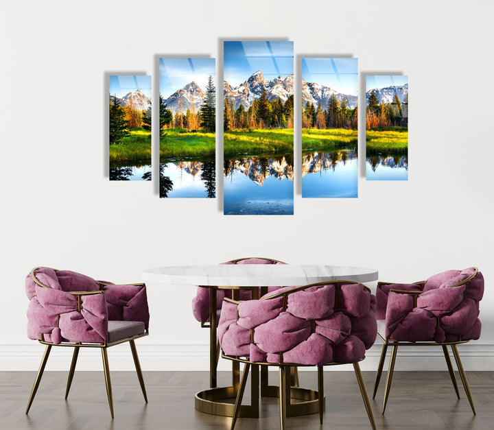 Lake, Trees and Mountain Nature Landscape Glass Wall Art, custom glass photo prints, large glass prints