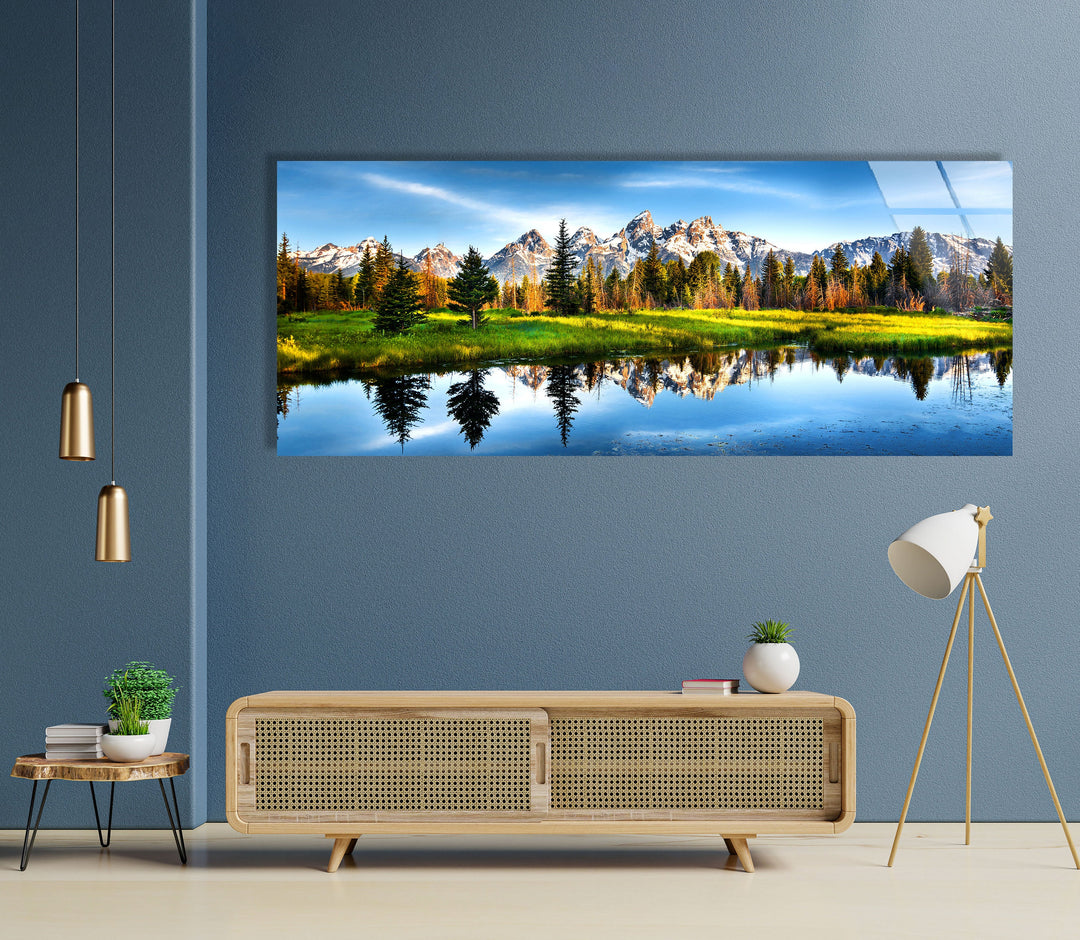 Lake, Trees and Mountain Nature Landscape Glass Wall Art, picture on glass wall art, photos printed on glass