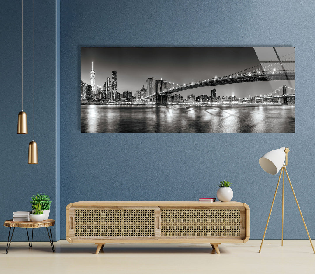 Black & White NYC Bridge Landscape Glass Wall Art, glass image printing, glass prints from photos