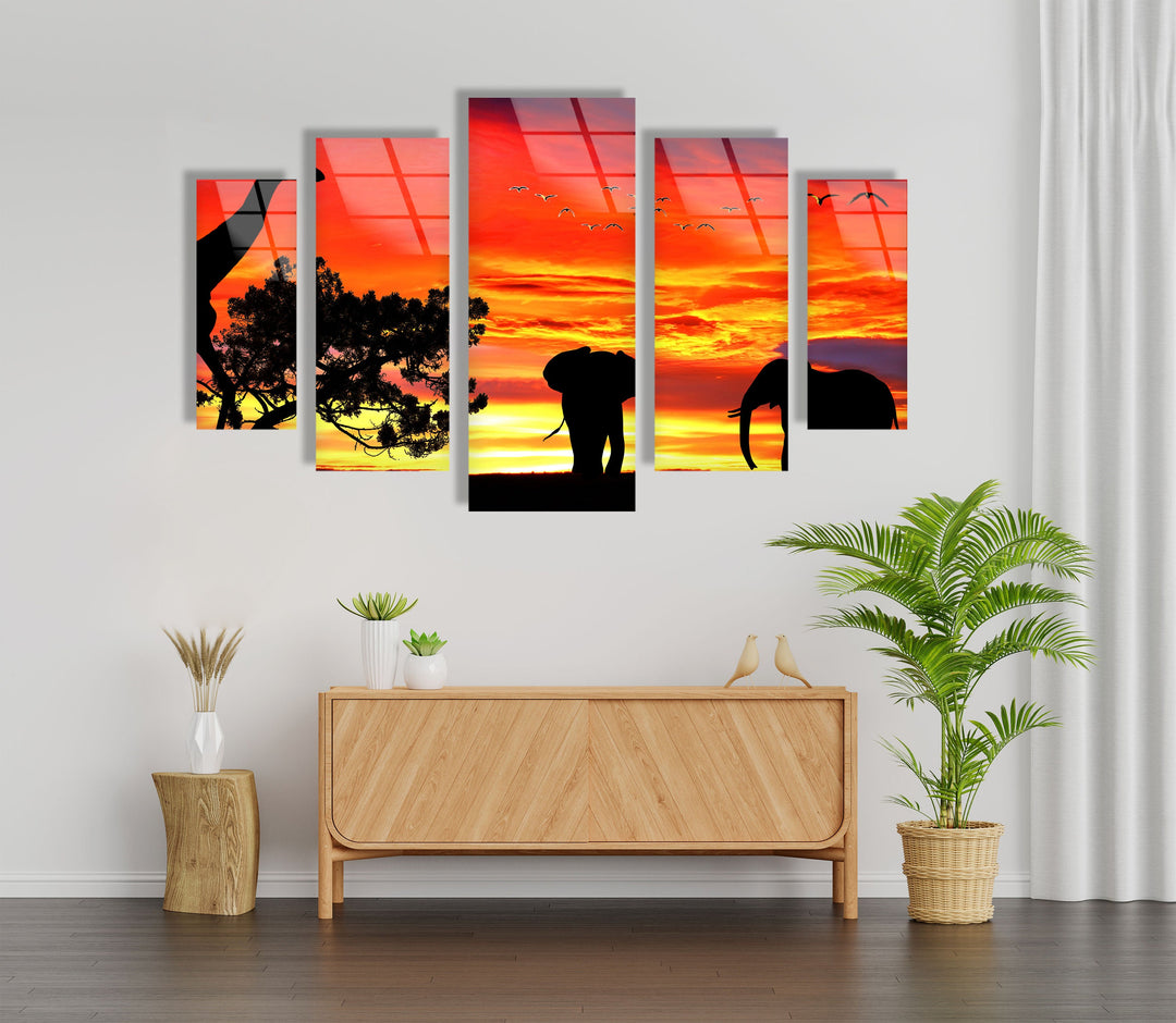 Giraffe & Elephants At Sunset Glass Wall Art, print picture on glass, Tempered Glass Wall Art