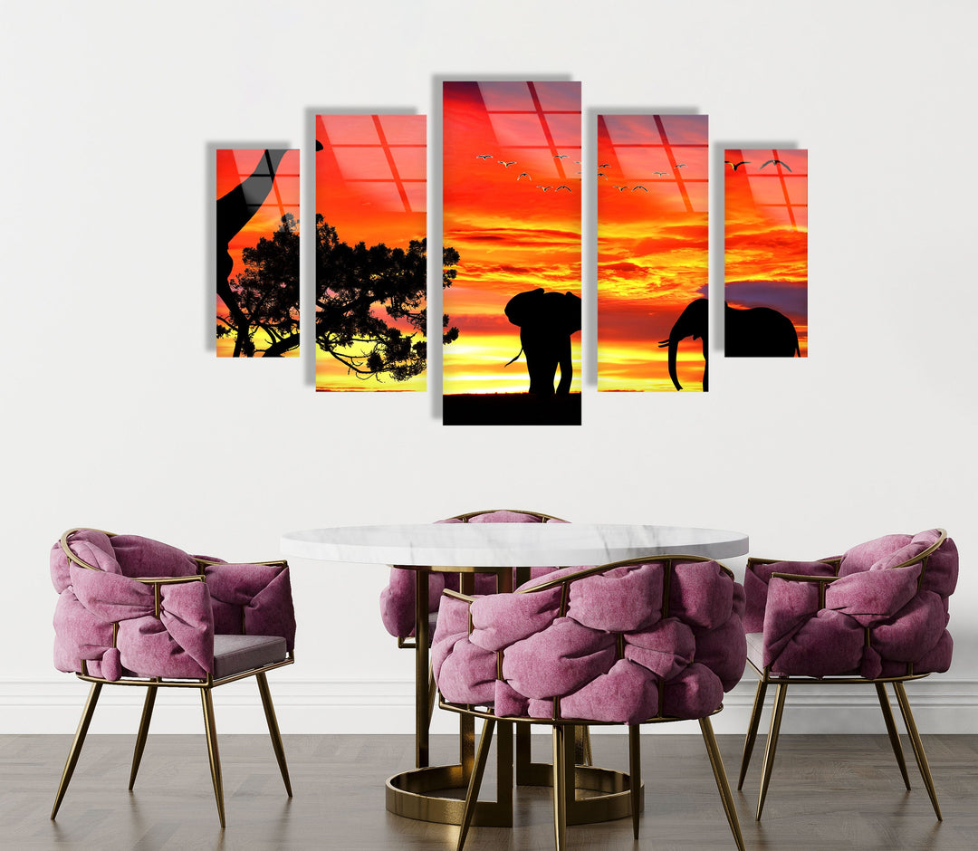 Giraffe & Elephants At Sunset Glass Wall Art, glass photo prints, glass picture prints