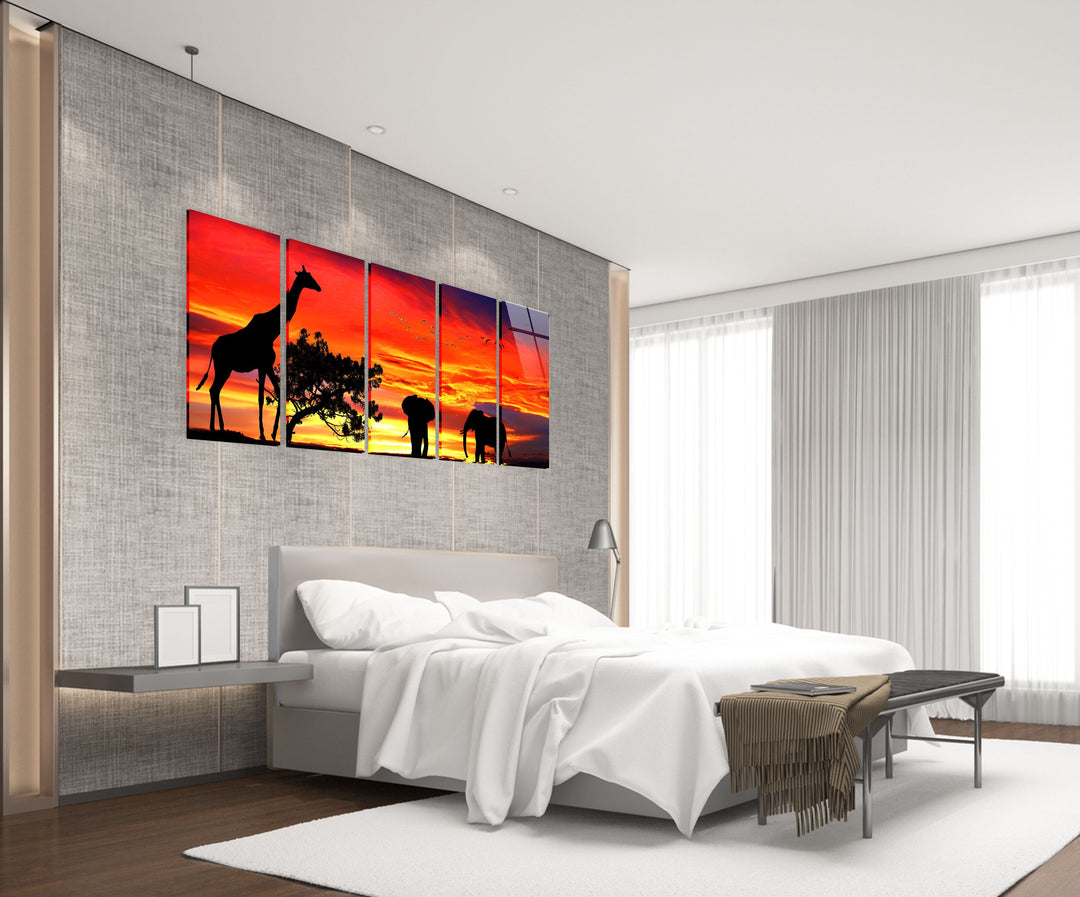 Giraffe & Elephants At Sunset Glass Wall Art, glass wall decor, glass wall art decor