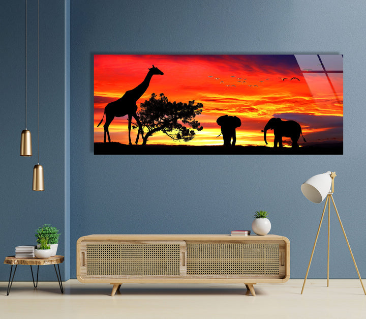 Giraffe & Elephants At Sunset Glass Wall Art, print on glass, glass printed photos