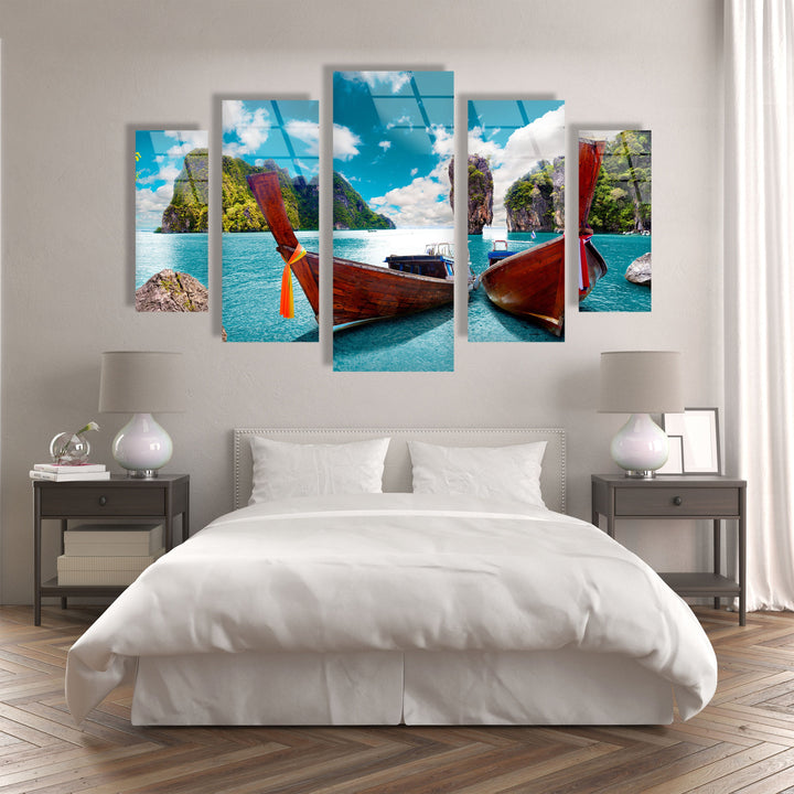 Phuket Island Boats Seascape Glass Wall Art, custom glass photo prints, large glass prints