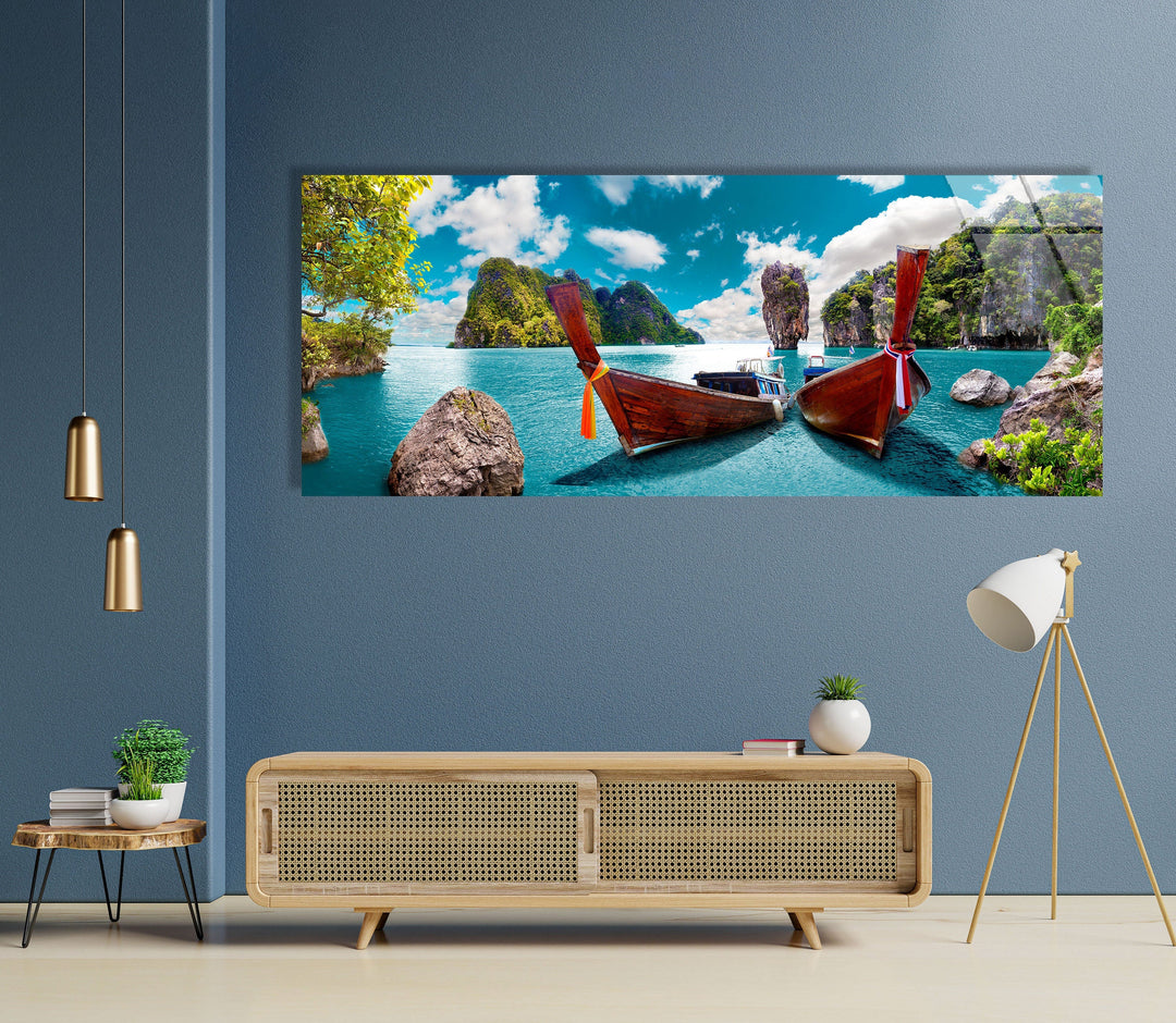 Phuket Island Boats Seascape Glass Wall Art, print picture on glass, Tempered Glass Wall Art