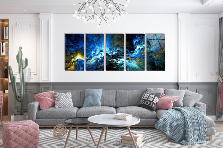 Cosmic Blue Storm Abstract Glass Wall Art, photo print on glass, prints on glass wall art