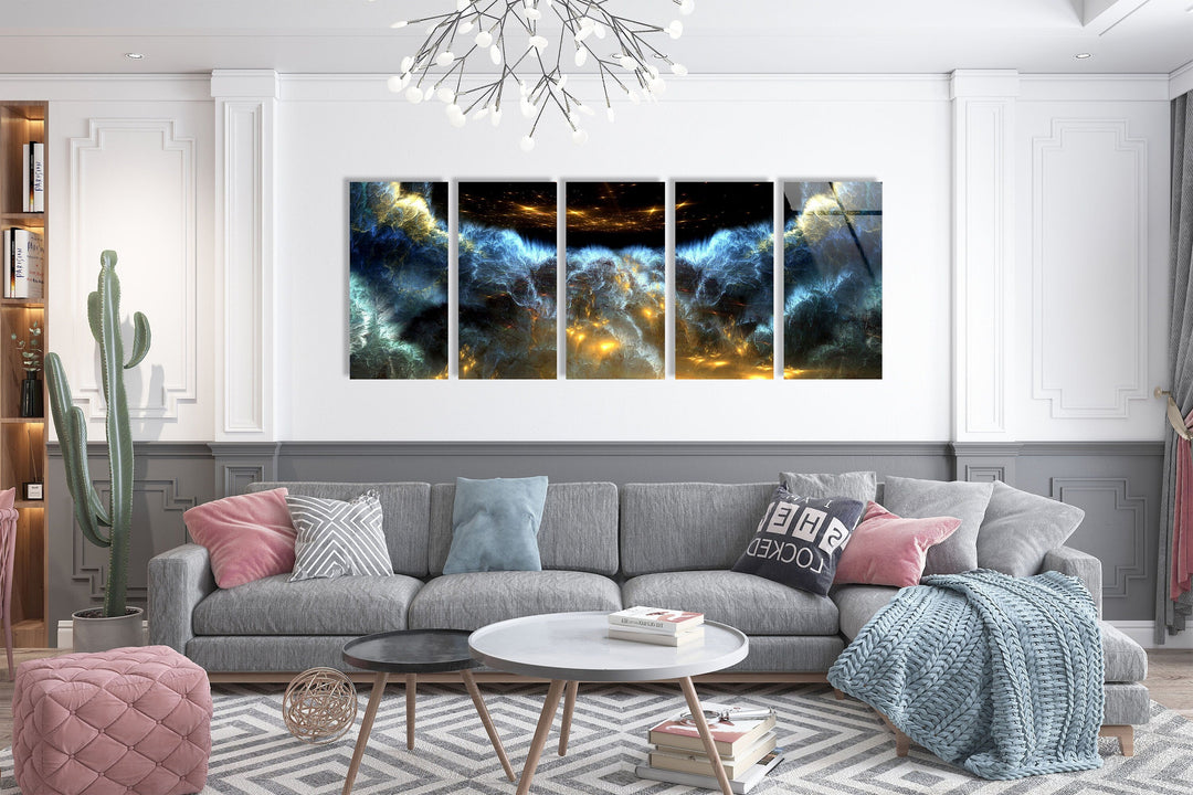 Yellow, Blue Space Clouds Abstract Glass Wall Art, picture on glass wall art, photos printed on glass